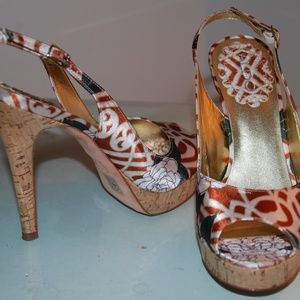 ALDO BROWN FLORAL SATIN OPEN TOE CORK HEEL